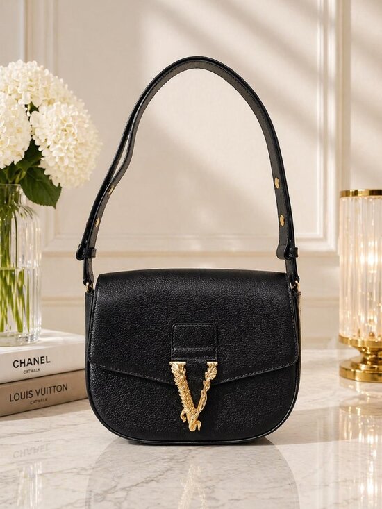 Versace Handbags - Authentic Versace Virtus Leather Shoulder Bag Black Gold V Logo Crossbody